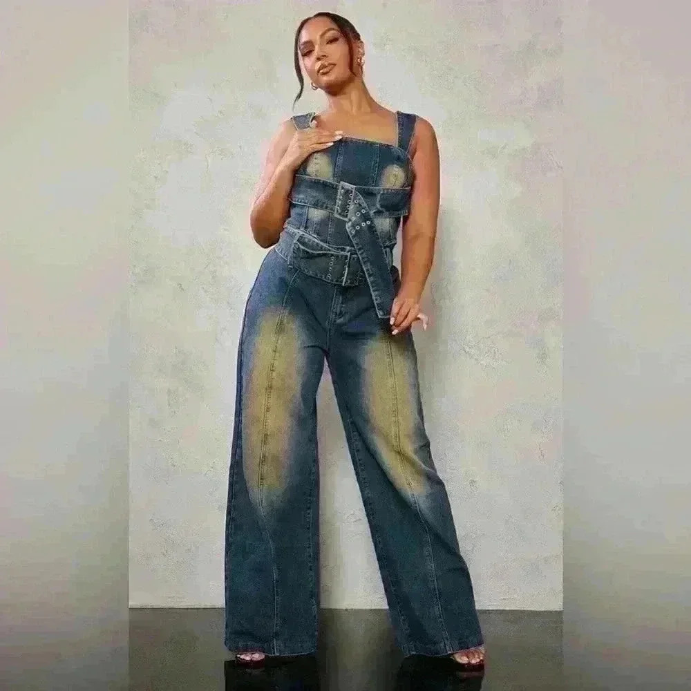 Plus Vintage Wash Buckle  Denim Wide Leg Jeans